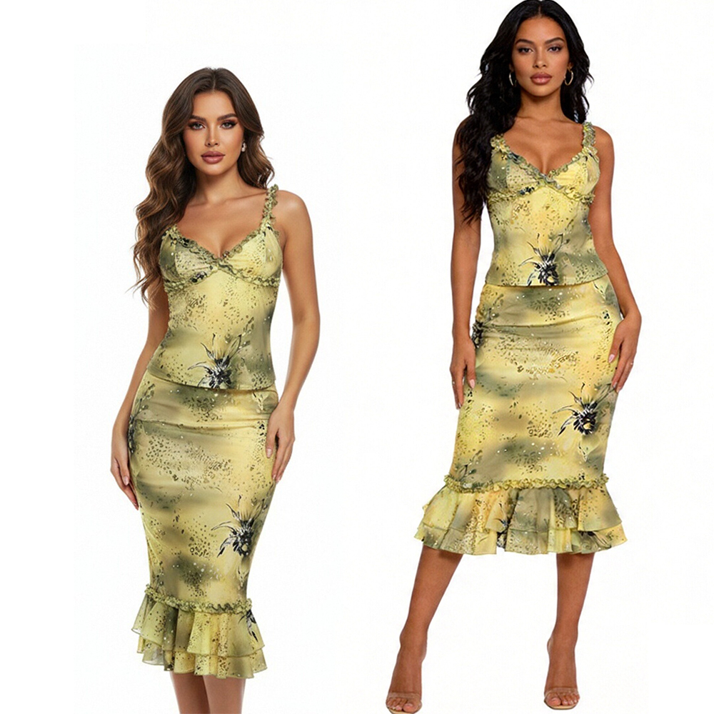 Midi Skirt Floral - Tweedelig damespak met bloemenprint, satijnen outfit,