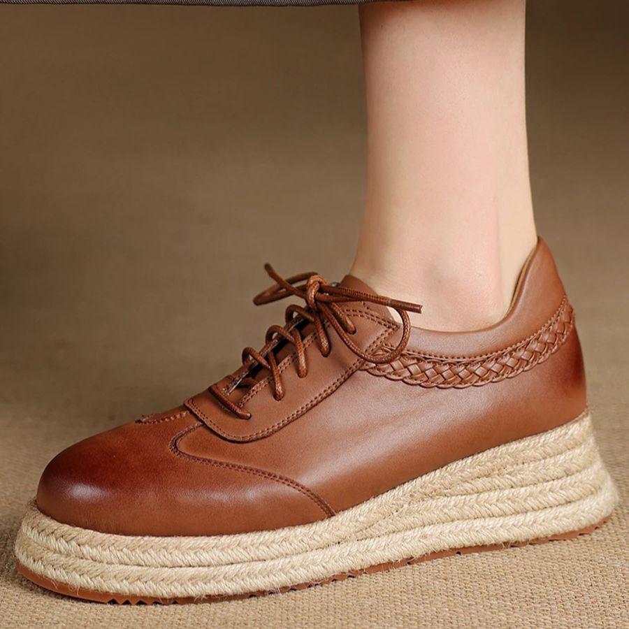 Wedge Espadrille Women - EAGSITY Koe Leer bruin oxford schoenen
