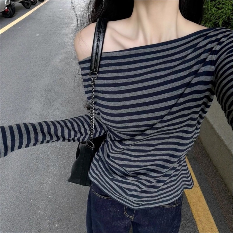 Blouse Off Shoulder - Dames Vintage Gestreepte Off-Shoulder Top met