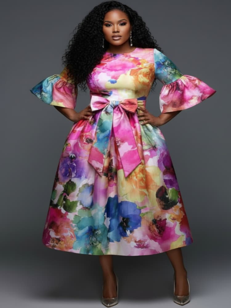 Midi Skirt Floral - Plus Size Midi-jurk met ronde hals,