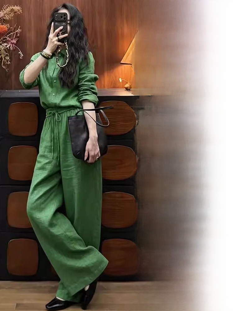 Linen Pant Wide - Loszittende linnen blouse en wijde broek,
