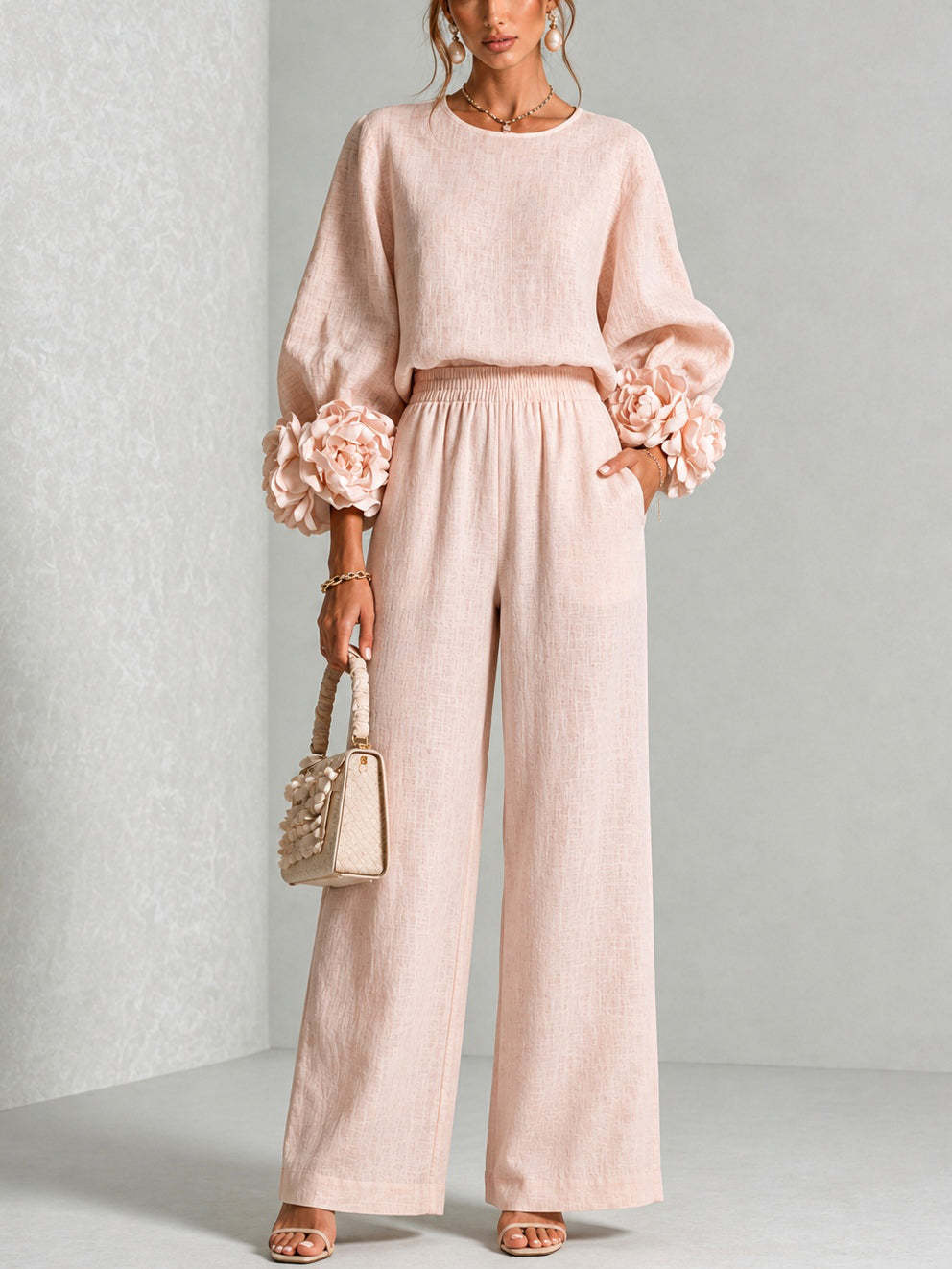 Linen Pant Wide - Dames 2-delig linnen outfit met O-hals,
