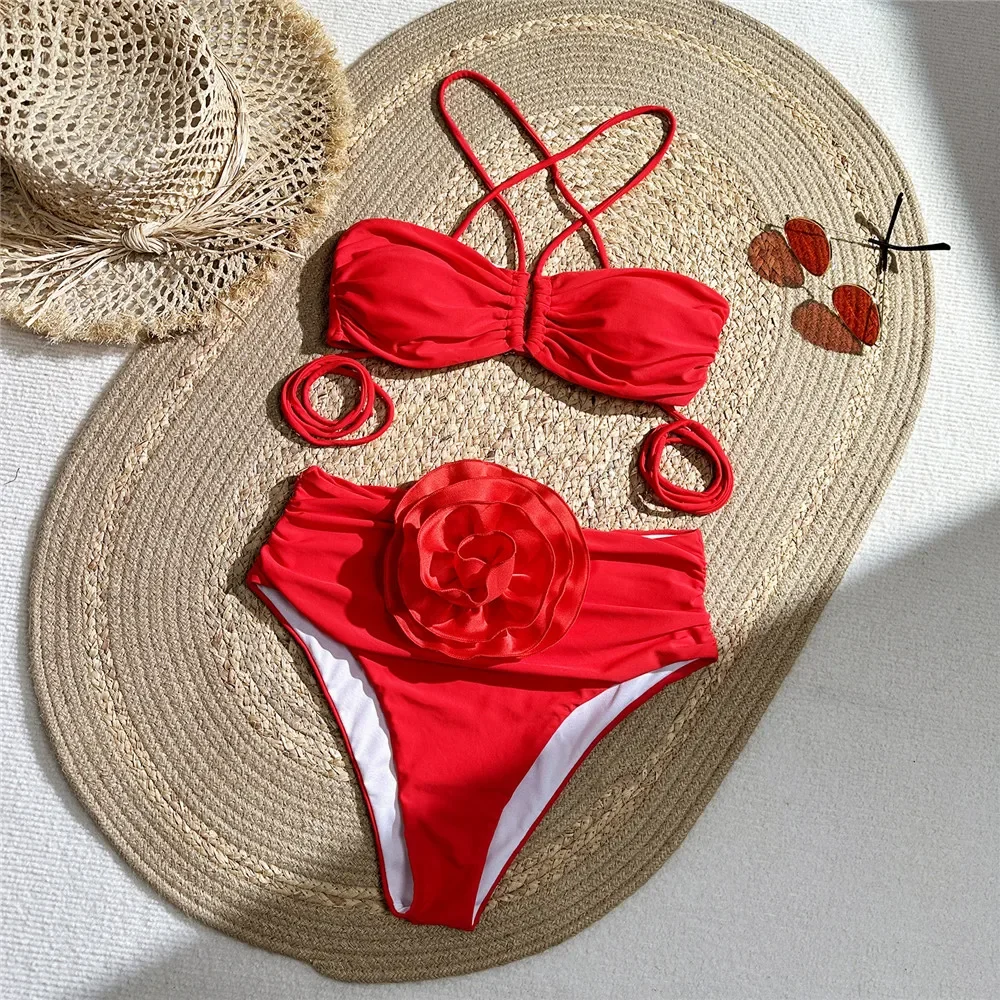 Sexy Rode 3D Bloem Badmode Hal - Swimsuit Bikini Ruched recensie en prijs
