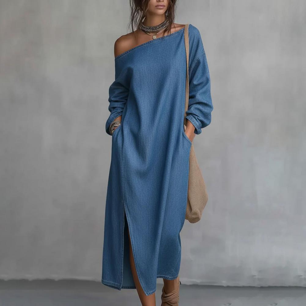 Maxi-jurk met één schouder en  - Linen Dress Wrap recensie en prijs